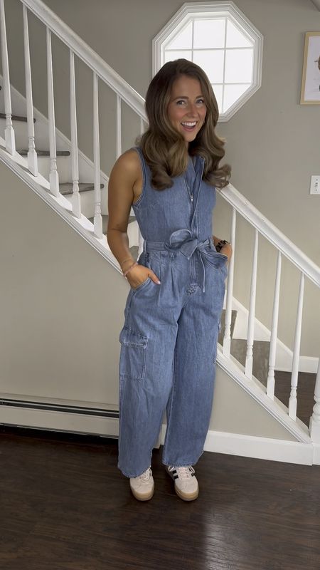 Denim jumpsuit is on sale!!  
Wearing size small 
Sneakers - size down 1/2 a size 

#LTKsalealert #LTKfindsunder100 #LTKfindsunder50