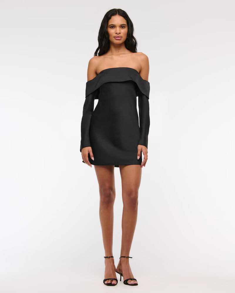 Long-Sleeve Off-The-Shoulder Satin Mini Dress | Abercrombie & Fitch (US)