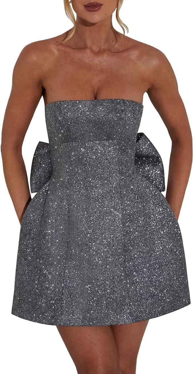 TIRAS Short Sparkly Cocktail Dresses with Oversize Bow Back Women's Strapless Homecoming Party Dr... | Amazon (US)