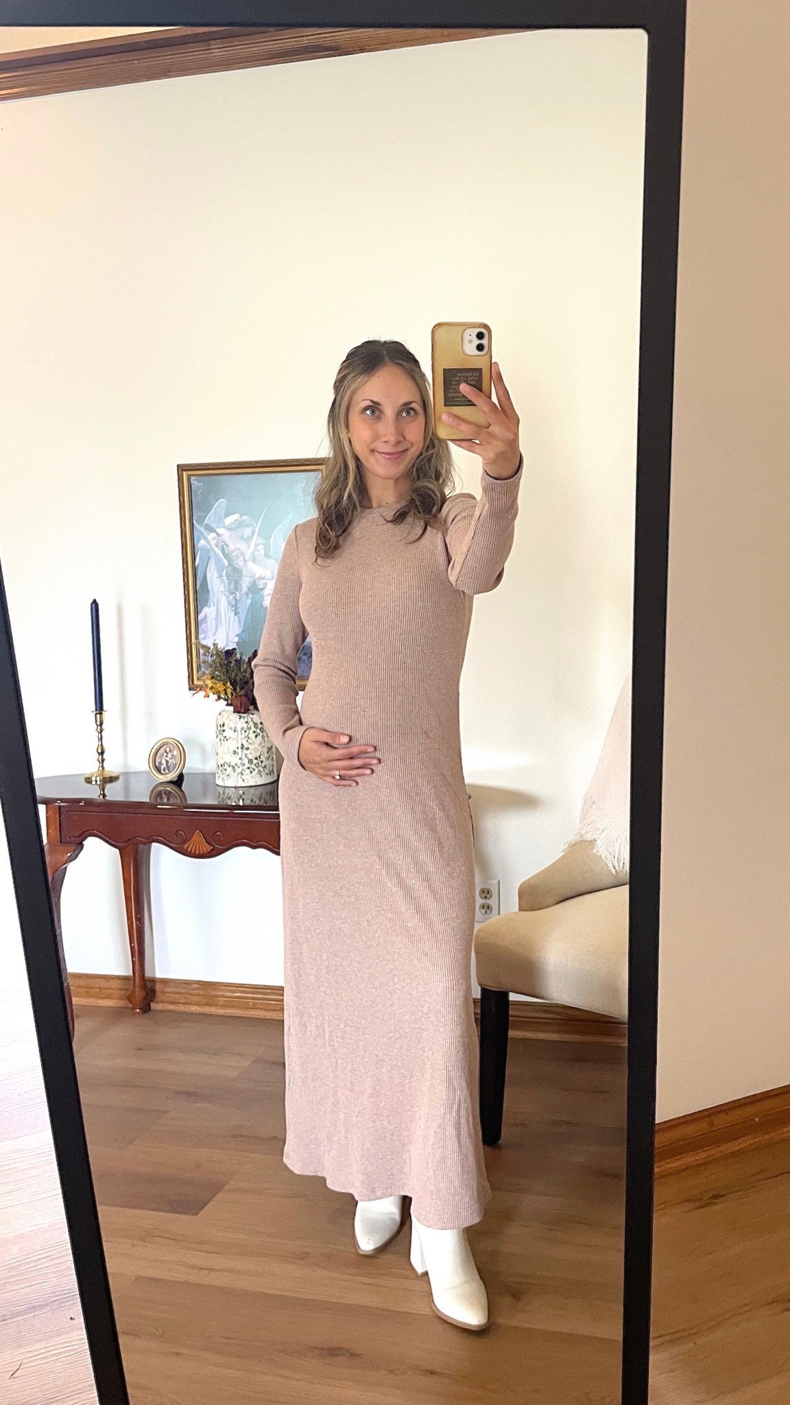 Obsessed with this maternity dress! Perfect for fall and winter & will definitely be wearing this post baby too! 

#LTKSeasonal #LTKHoliday #LTKPetite