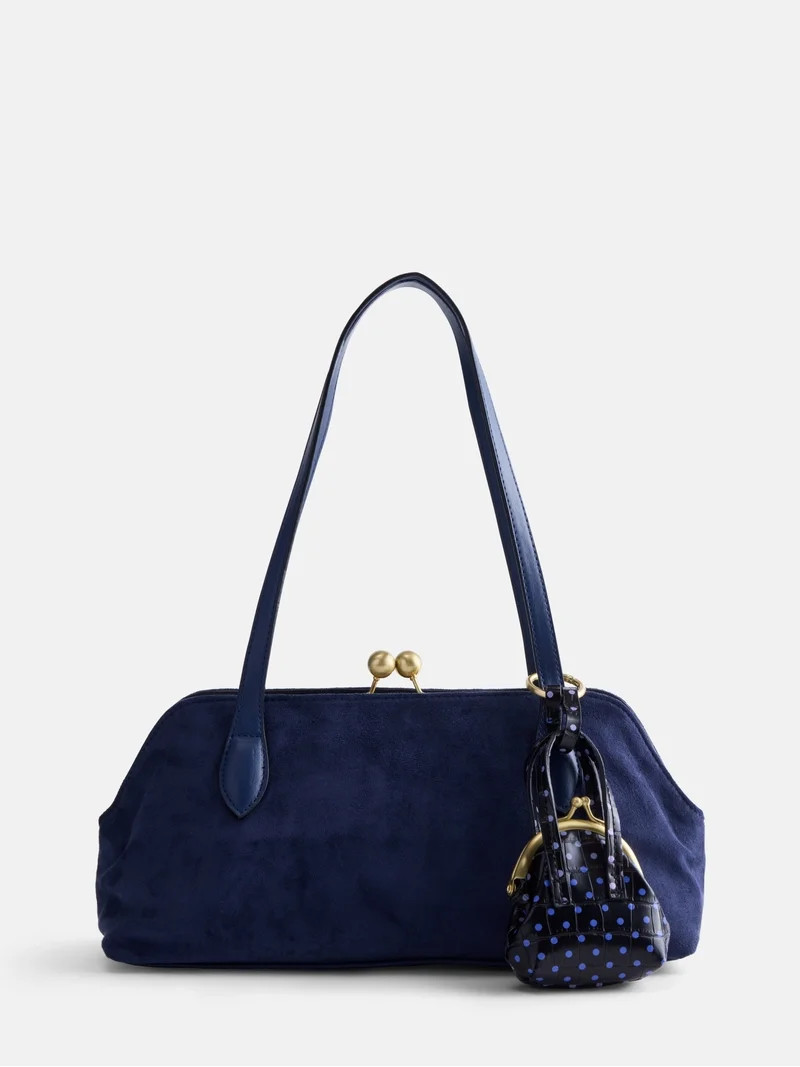 Free Assembly Women's Faux Suede Shoulder Bag with Mini Bag Charm, Navy Water | Walmart (US)