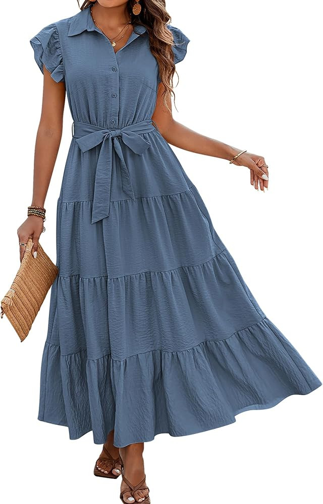 dowerme Women's Summer Casual Dresses 2026 Cap Ruffle Sleeve V Neck Button Belted Tiered Boho Max... | Amazon (US)