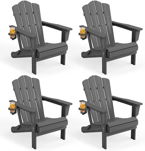 Folding Adirondack Chair Set of 4 with Cup Holder, Grey | Amazon (US)