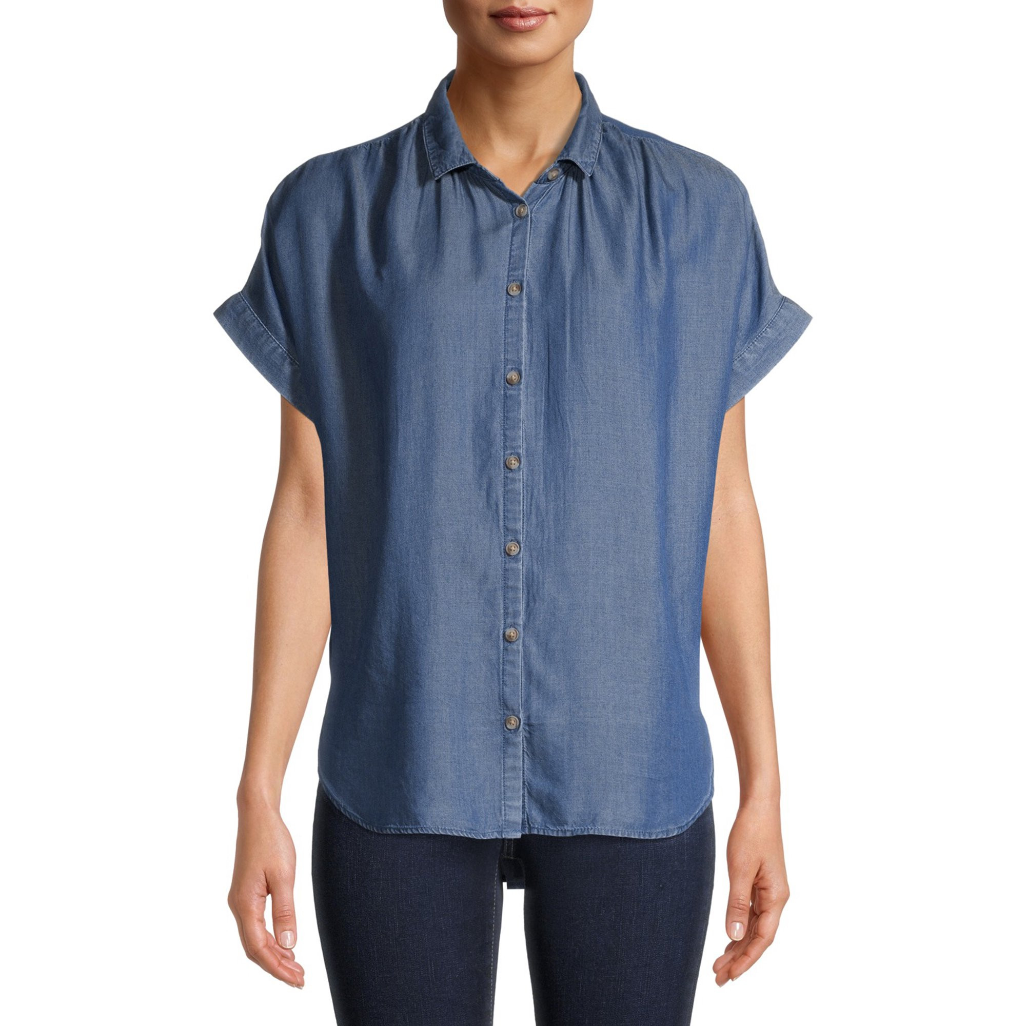 Time and Tru Women's Short Sleeve Button Front Shirt | Walmart (US)