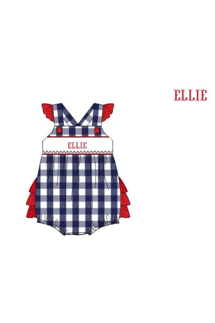 Pre-Order Hand Smocked Red, White and Blue Gingham Name Ruffle Bubble | The Smocked Flamingo