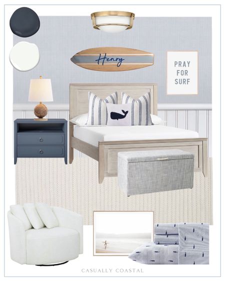 Coastal Bedroom ideas for boys! 💙 

Paint colors - BM hale navy & Chantilly lace.
- 
Coastal bedroom, boys room, boys bedroom, toddler bedroom, coastal home decor, coastal decor, coastal style, beach home, beach house decor, beach house bedroom, blue and white bedroom, wooden bookcase, glass flush mount, surfboard decor, surfboard personalized wall art, wooden surfboard, solid area rug, coastal area rug, bedroom rug, 8x10 area rug, whale knitted throw pillow, bed pillows, pillow styling, bedroom mood board, bedroom design, storage bench, target furniture, upholstered bedroom bench, coastal lamp, Amazon lamps, nautical lamps, seersucker stripe wallpaper, 2 drawer nightstand, navy blue nightstands, coastal nightstands, boys nightstand, minimalist beach print, surfer poster board, coastal artwork, nautica twin sheets, cotton sheets, Amazon sheets, cotton percale bedding set, Walmart accent chair, bedroom chair, toy storage, blue & white sheet set, pray for surf artwork, pray for surf print, Hampton classic bed, navy stripe pillow cover, twin beds, pottery barn beds, full size beds, light wood bed, neutral rugs, soft rugs, brass flush mount light, bedroom lighting, coastal lighting, kids bedroom ideas, airbnb decor

#LTKFindsUnder100 #LTKHome #LTKKids