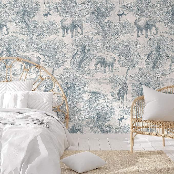 Zeeko Animal Wall Mural Vintage Forest Jungle Wallpaper Blue and White Line Mural Peel and Stick ... | Amazon (US)