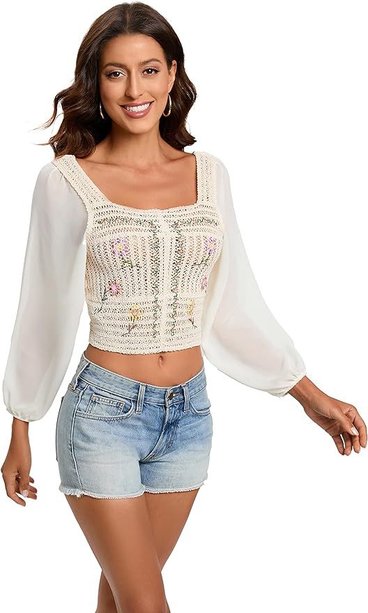 Kreeqe Womens Mesh Puff Long Sleeve Shirts Exquisite Flower Mesh Sheer Crop Tops Square Neck Casu... | Amazon (US)