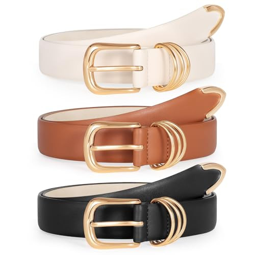 TRIWORKS Women's Leather Belts for Jeans Dresses Ladies Waist Belt with Fashion Gold Buckle, A-Black+Brown+Beige | Amazon (US)