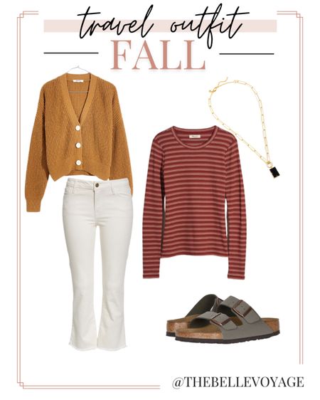 Easy and stylish fall travel outfit!  Off-white denim with a striped long sleeve t shirt, comfortable sandals and topped with a cozy mustard yellow cardigan.

#LTKSeasonal #LTKtravel