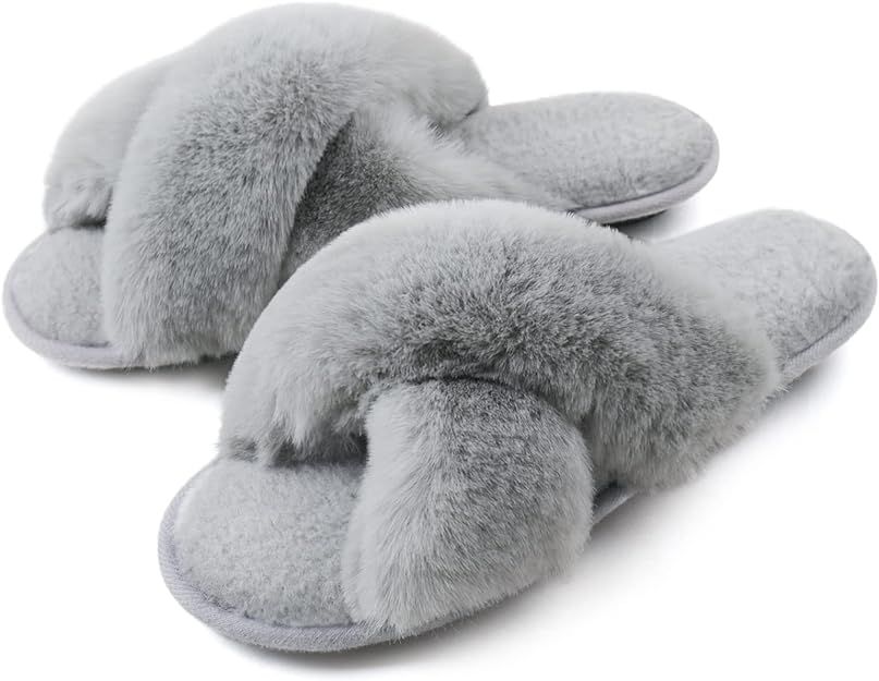 Zizor Women's Open Toe Fluffy Slippers with Memory Foam, Ladies' Cross Band House Shoes, Faux Fur... | Amazon (US)