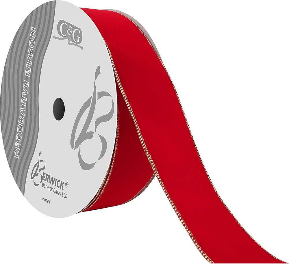 Berwick Offray DWI Value Velvet Ribbon-2-1/2 Wide X 50 Yards-Medium Red/Gold Ribbon | Amazon (US)