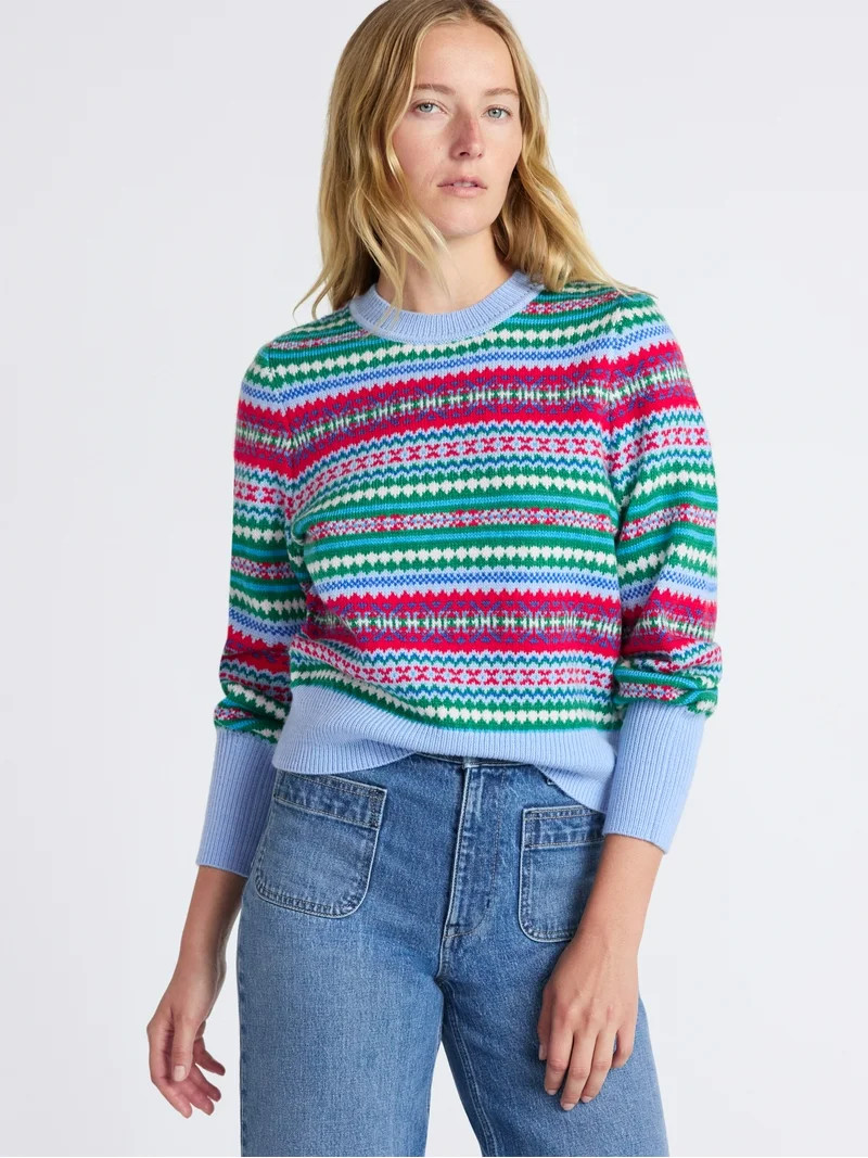 Free Assembly Women's and Women’s Plus Fair Isle Pullover Sweater with Tall Cuffs, Midweight, S... | Walmart (US)