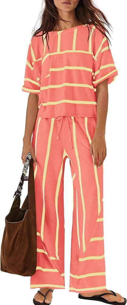 Nirovien Womens Striped Lounge Set 2 Piece Vacation Sets Short Sleeve Tops and Wide Leg Pants Tra... | Amazon (US)