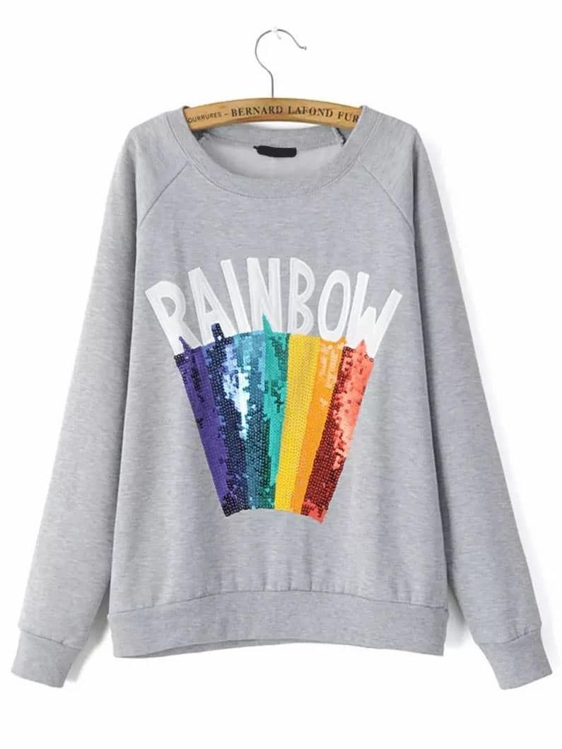 Grey Letter Print Rainbow Sequined Sweatshirt | Romwe