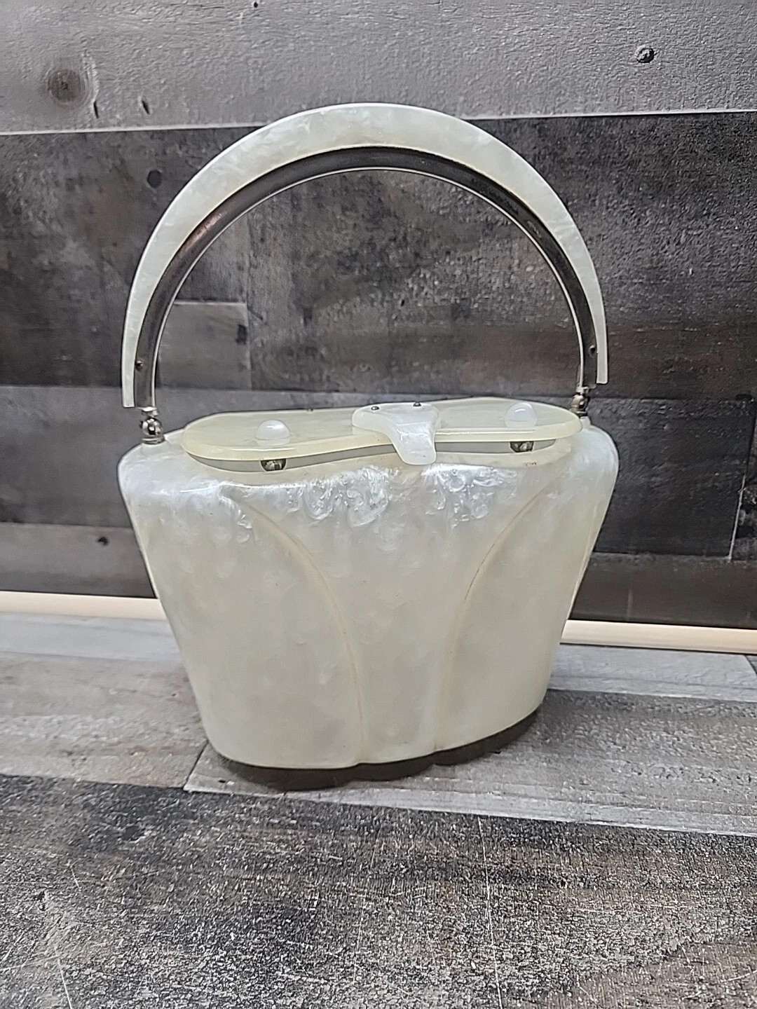Vintage Llewellyn Inc Oval Lucite Basket Style White Pearlized Purse Clean   | eBay | eBay US