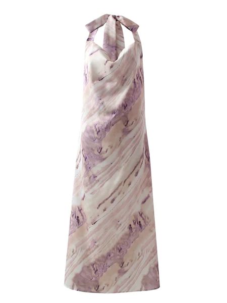 'Reta' Tied Neck Marble Print Midi Dress | Goodnight Macaroon