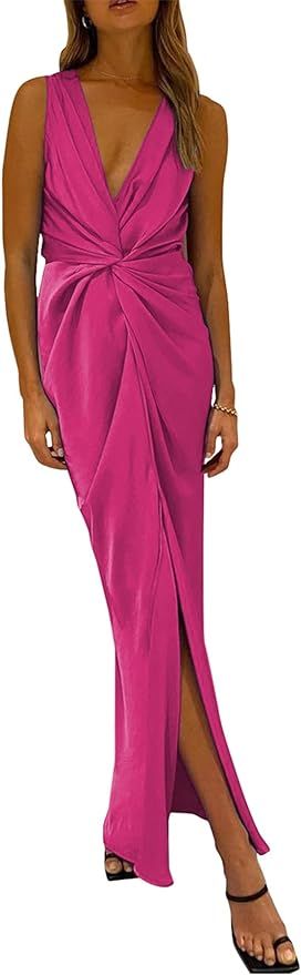 PRETTYGARDEN Women's Satin Ruched Bodycon Dress Summer 2023 Twist Front V Neck Sleeveless Split M... | Amazon (US)
