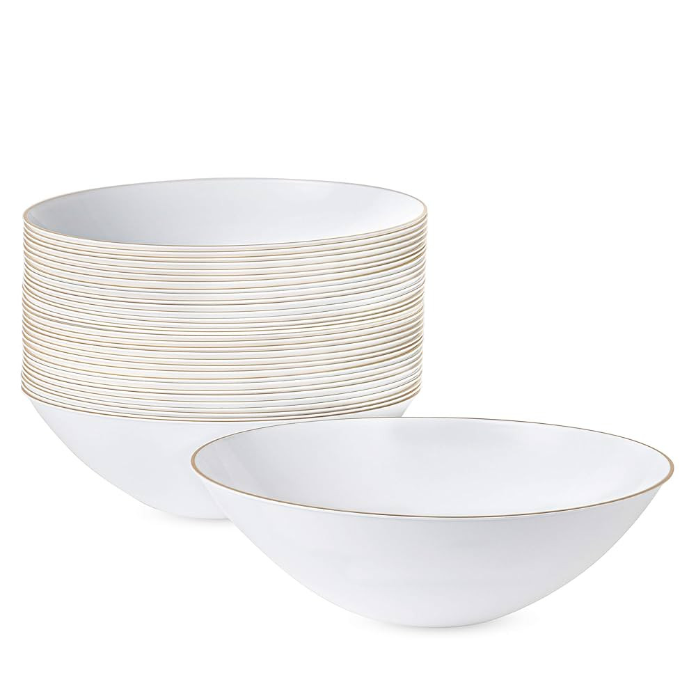 PLASTICPRO [16 OZ 20 Count] White Plastic Floral Design Party Soup bowls With Gold Rim Premium he... | Amazon (US)