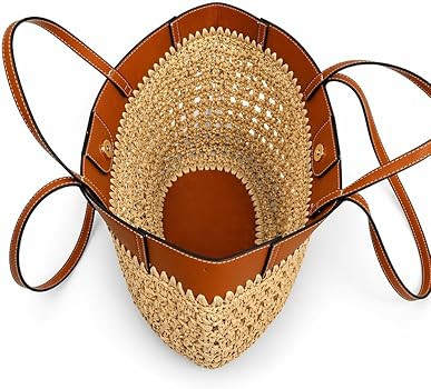 Straw Beach Bags for Women, Boho Summer Purse Tote with PU Shoulder Strap | Amazon (US)