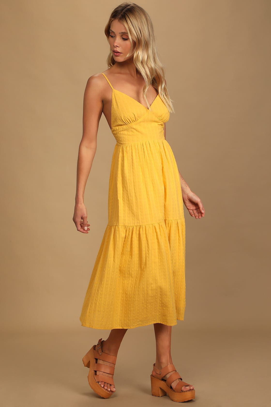 Happy Times Mustard Yellow Tiered Midi Dress | Lulus (US)