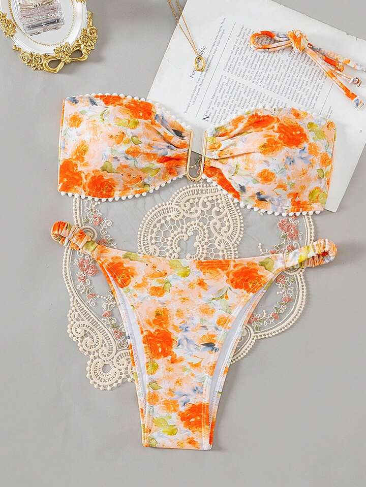 SHEIN Swim Summer Beach Women's Floral Strapless Two-Piece Swimsuit | SHEIN