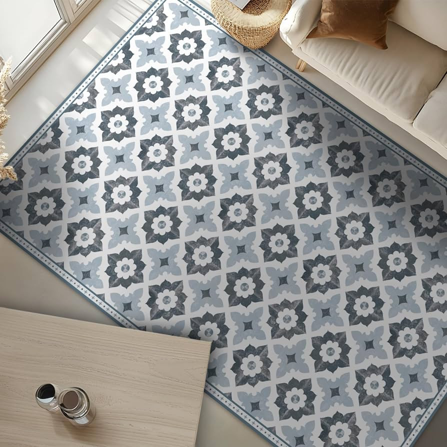 Carolina Creekhouse Vinyl Floor Mat 3'x5' - Blue Geometric Floral - Waterproof Non-Slip Kitchen R... | Amazon (US)