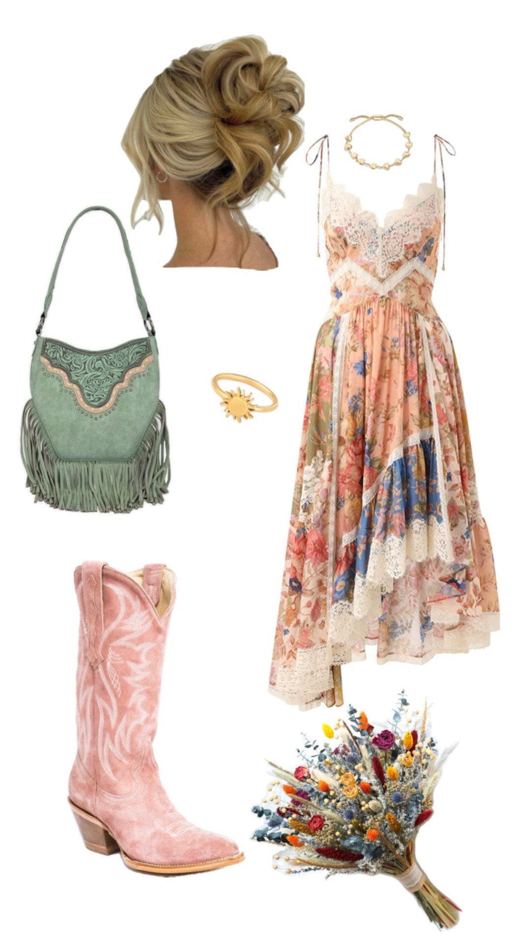 Boho Western Wedding Guest Outfit Inspiration🤩
Looking for the perfect rustic wedding guest dress? This dreamy boho-chic look is made for spring and summer outdoor weddings. Featuring a vintage-inspired floral midi dress with lace detailing, soft pink suede cowgirl boots, a sage green fringe handbag, and gold sunburst jewelry--this outfit blends romantic western vibes with soft, feminine charm. Add a loose, voluminous updo and a colorful dried bouquet for that cottagecore meets cowgirl aesthetic. Ideal for barn weddings, garden ceremonies, or country-chic bridal events!💐👢