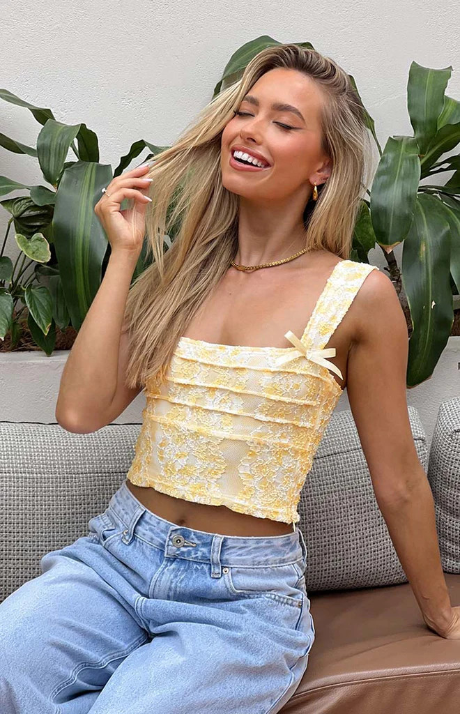Vida Yellow Lace Bow Top | Beginning Boutique (US)