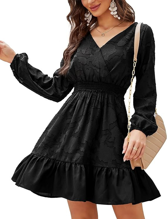 KOJOOIN Women Smocked Empire Waist Mini Dress Jacquard Wrap V Neck Long Sleeve Ruffle Cute Cottag... | Amazon (US)
