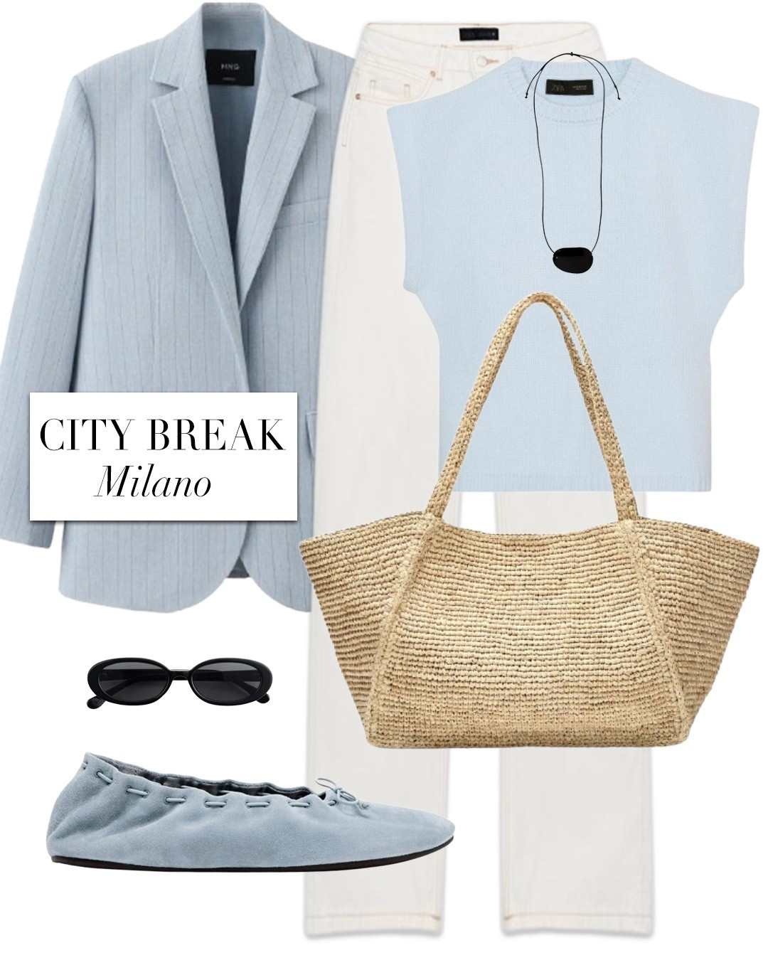 Blue top white jeans blue blazer blue suede ballet flats raffia tote bag 

#LTKsummer #LTKspring #LTKuk