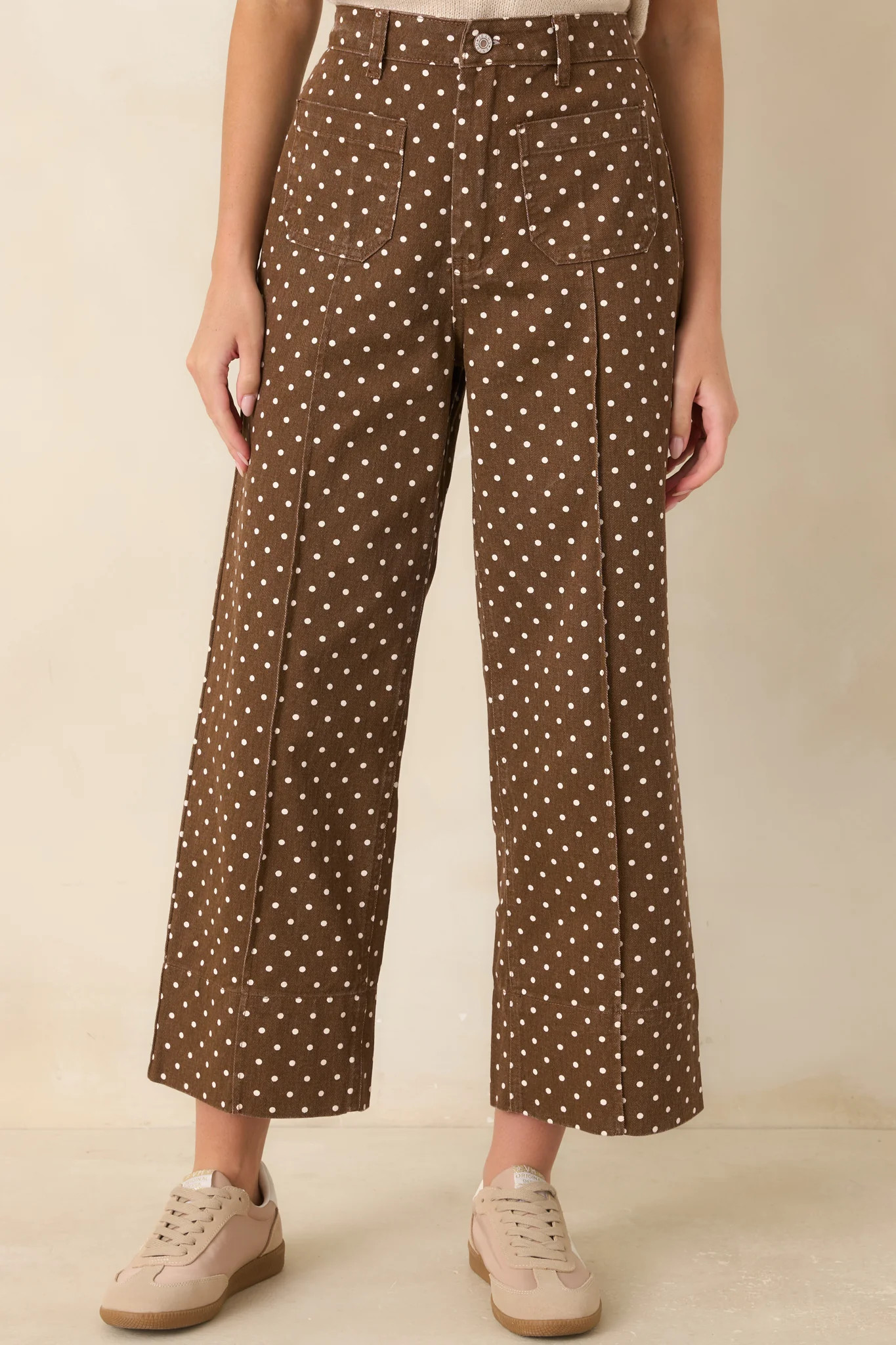 Dot Your Average Brown Cotton Polka Dot Cropped Wide Leg Pants | Red Dress