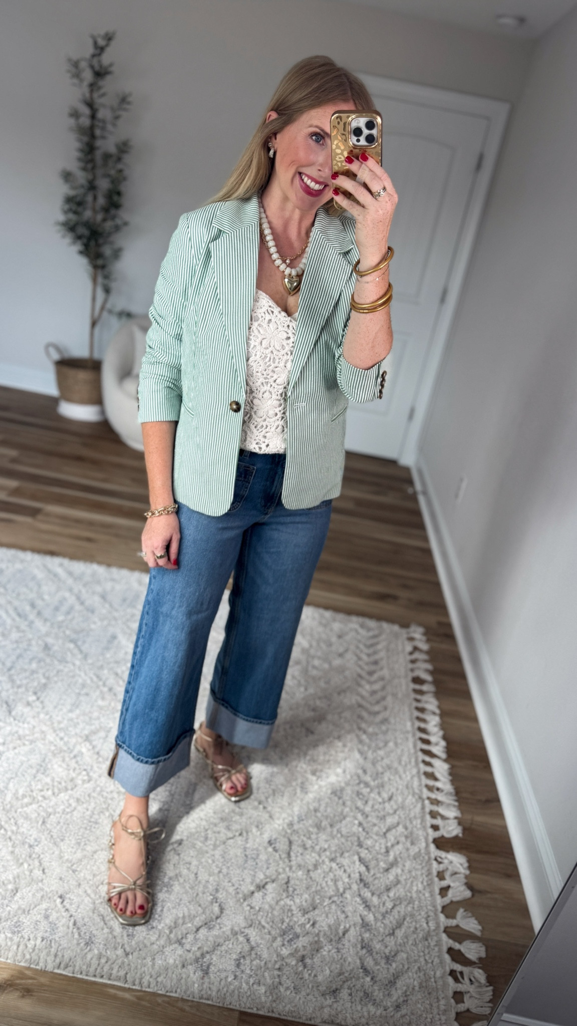 Weekend Walmart Wins try on
Green stripe seersucker blazer- small
Crochet detail tank- small 
Cuffed hem patch pocket jeans- tts

#LTKootd #LTKmomlife