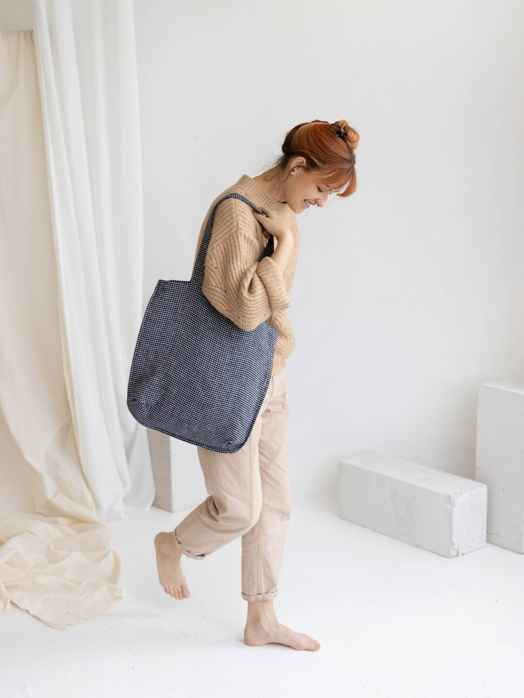 Blue Plaid Shoulder Market Bag, Navy White Checkered Summer Beach Bag, Handmade Everyday Shopping... | Etsy (US)