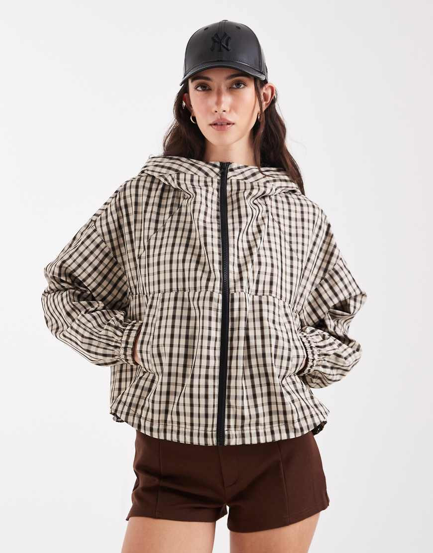 ASOS DESIGN hooded bubble hem bomber jacket in brown check-Neutral | ASOS (Global)