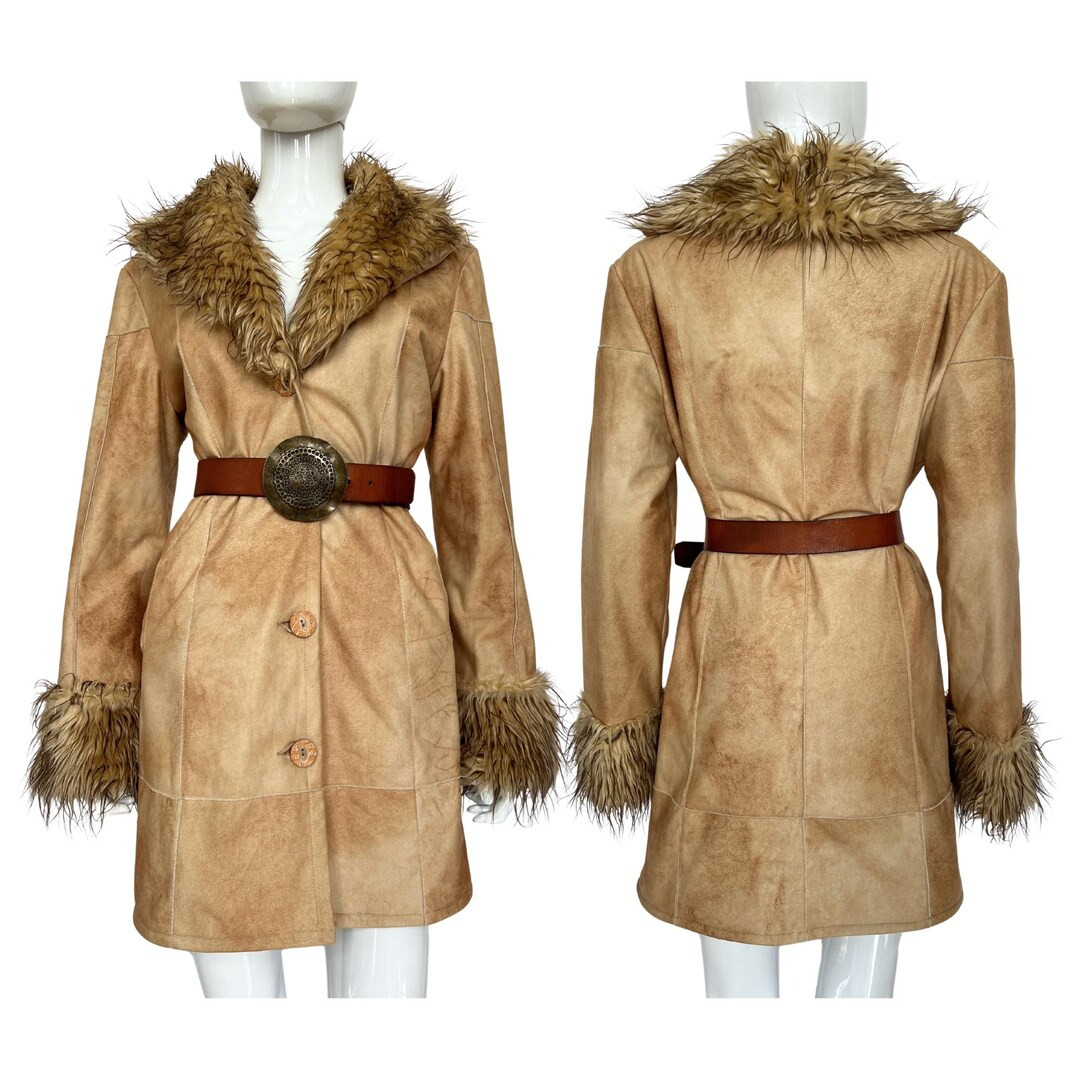 2000s Vintage Tan Afghan Penny Lane Coat, Y2K Faux Marbled Suede Coat With Shaggy Faux Fur Trim, ... | Etsy (US)