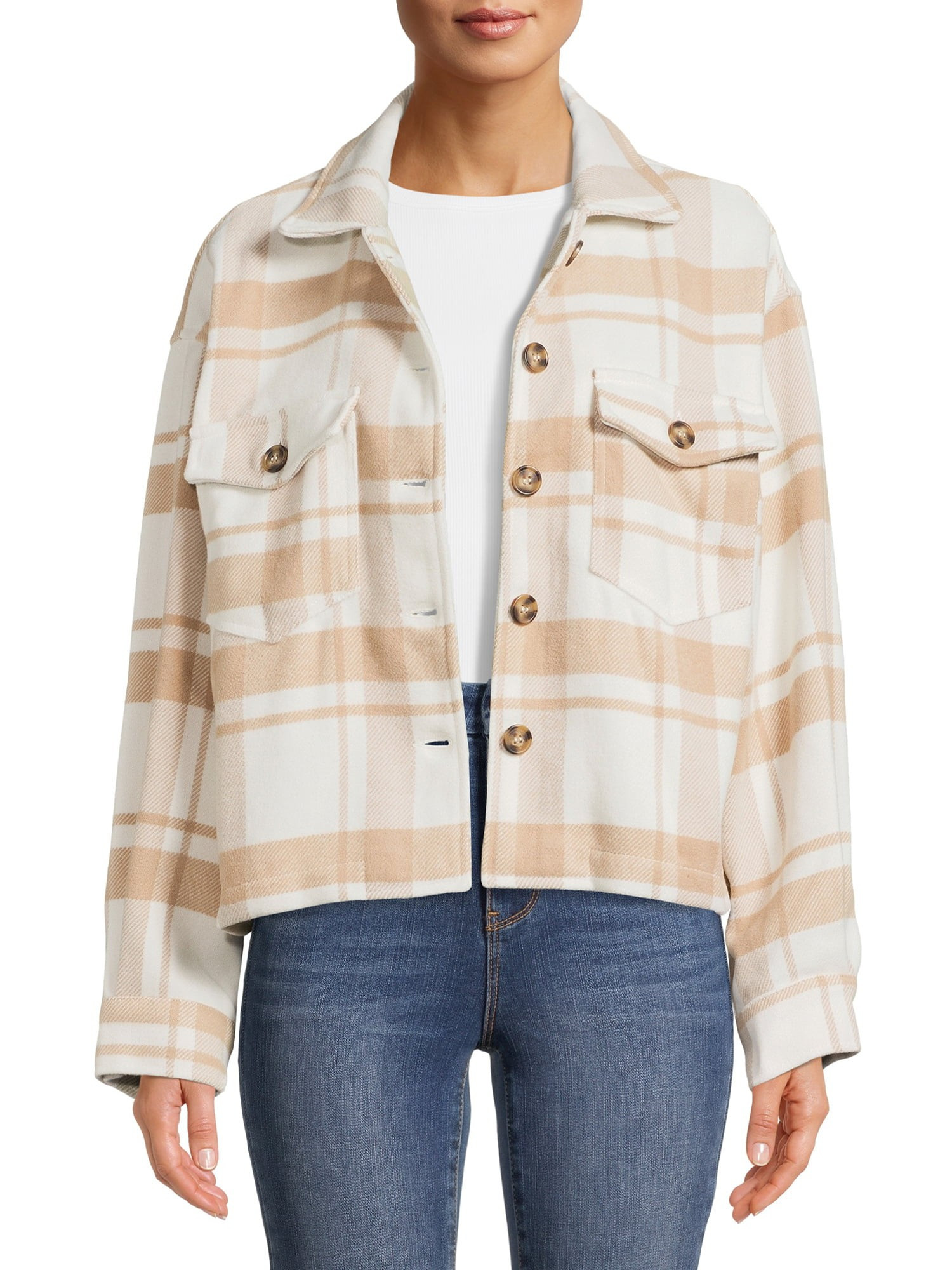 Love Tree Juniors' Cropped Plaid Shirt Jacket - Walmart.com | Walmart (US)