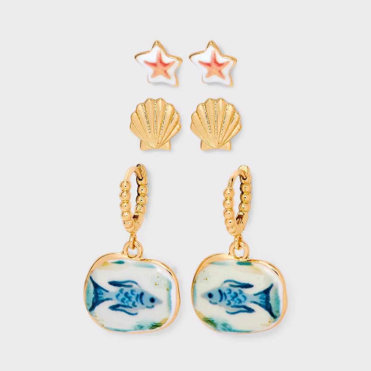 Fish and Shell Earring Set 3pc - Universal Thread™ Gold | Target