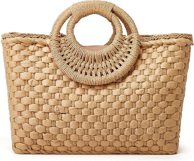 Women Straw Handbag, Large Capacity Woven Handmade Round Handle Hobo Bag, Casual Retro Vacation B... | Amazon (US)