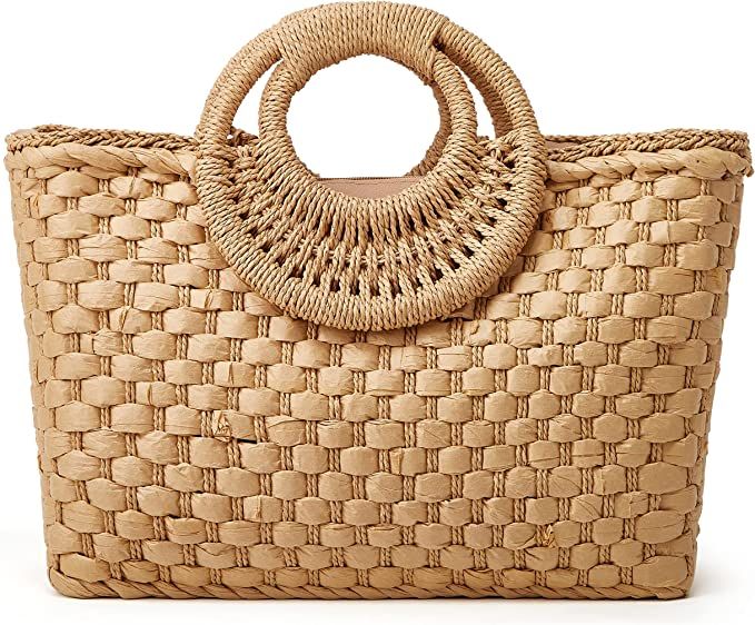 Women Straw Handbag, Large Capacity Woven Handmade Round Handle Hobo Bag, Casual Retro Vacation B... | Amazon (US)
