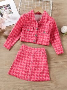 Toddler Girls Houndstooth Print Jacket & Skirt | SHEIN
