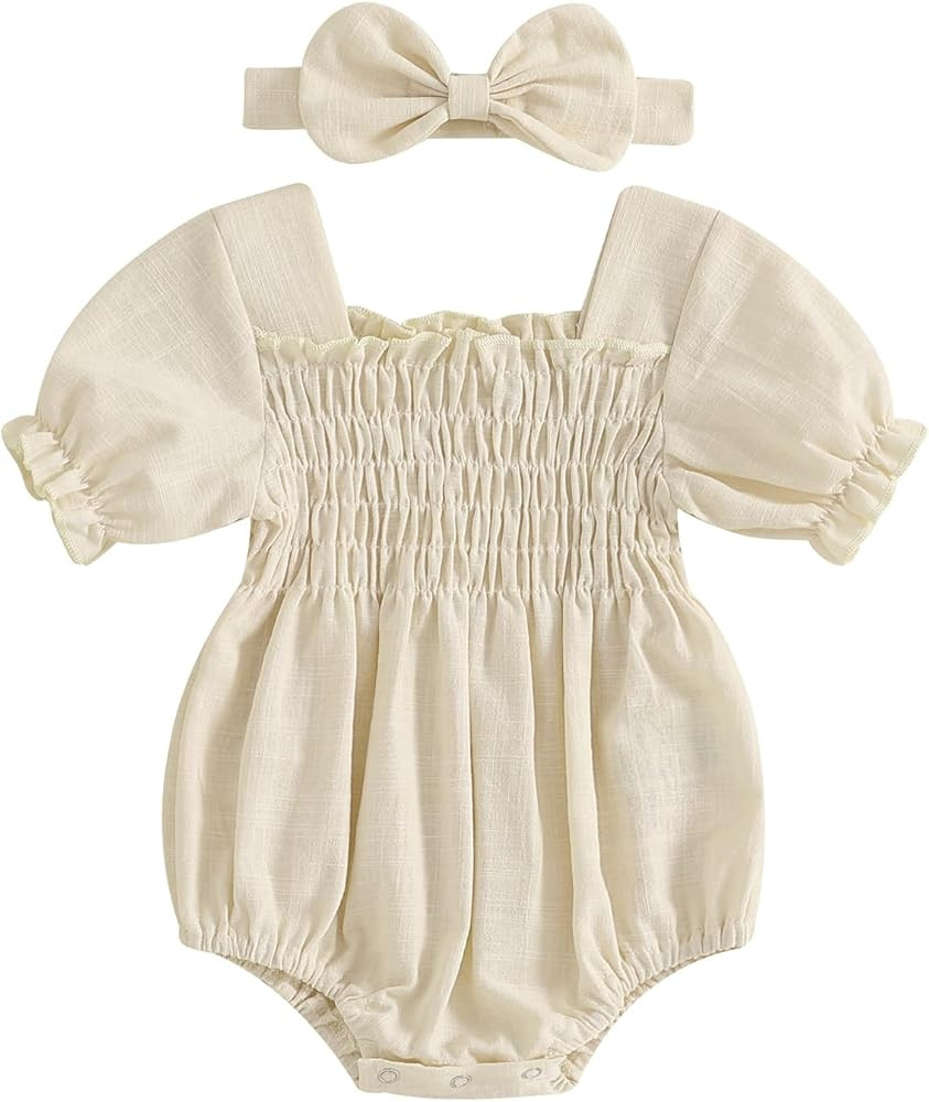MERSARIPHY Baby Summer Clothes Newborn Infant Girl Smocked Pleated Romper Bubble Short Sleeve Bod... | Amazon (US)