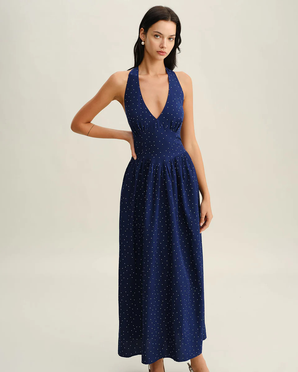 Blue Polka Dot Halter Maxi Dress | rihoas.com