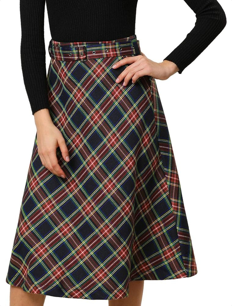 Allegra K Women's Tartan Plaid High Waist Belted Vintage A-Line Midi Skirt | Amazon (US)