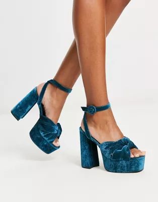 ASOS DESIGN Natia knotted platform heeled sandals in blue | ASOS (Global)