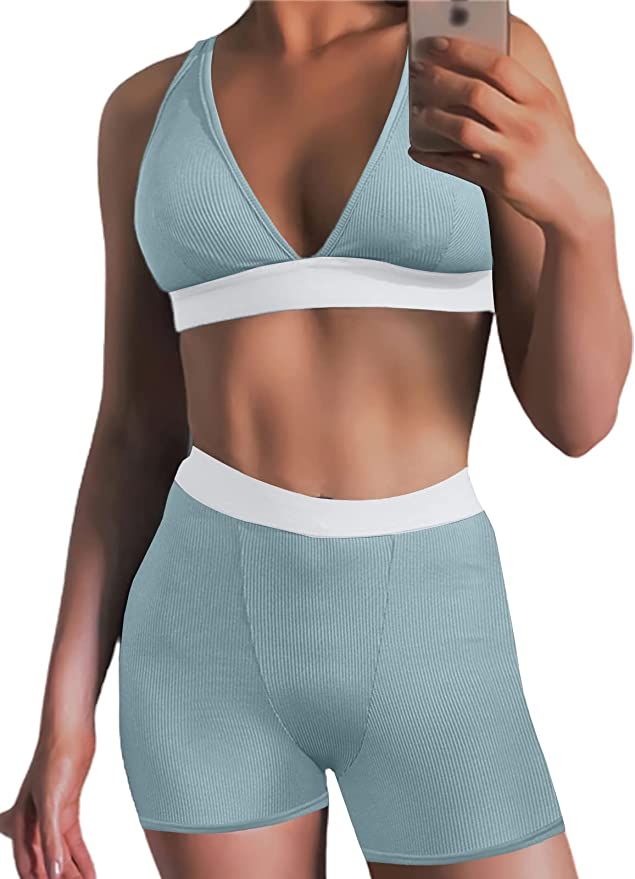 Women's Workout Outfit 2 Pieces High Waist Bodycon Yoga Leggings and Sleeveless Crop Top Gym Clot... | Amazon (US)
