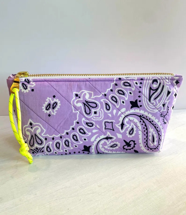 Bandana Zipper Pouch- small w/flat bottom  cosmetic pouch, bandana liner, color purple | Etsy (US)