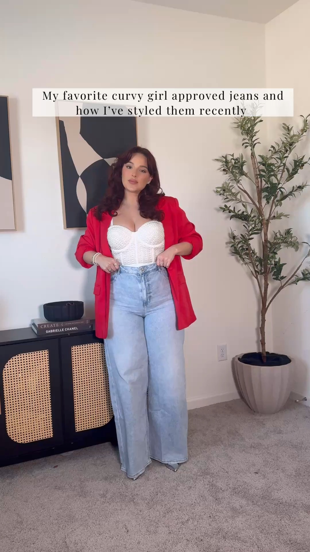 My current favorite #AmericanEagle  jeans. 
5’7 200lbs

Outfit 1: Jeans: 16 Long (salt air color) 
Corset: L (it’s snug so I personally always wear a blazer over it)
Blazer: XL 

Outfit 2: jeans: 16 regular (black magic. I usually get long but it wasn’t available at the time) 
Turtleneck: XL

Outfit 3:
Jeans: 16 long (medium bright indigo) 
Bodysuit: XL (has built in chest support)
Blazer: XL

Outfit 4:
Jeans: 16 long (salt air) 
Brown top: XL
Fur coat: L


#LTKStyleTip #LTKMidsize