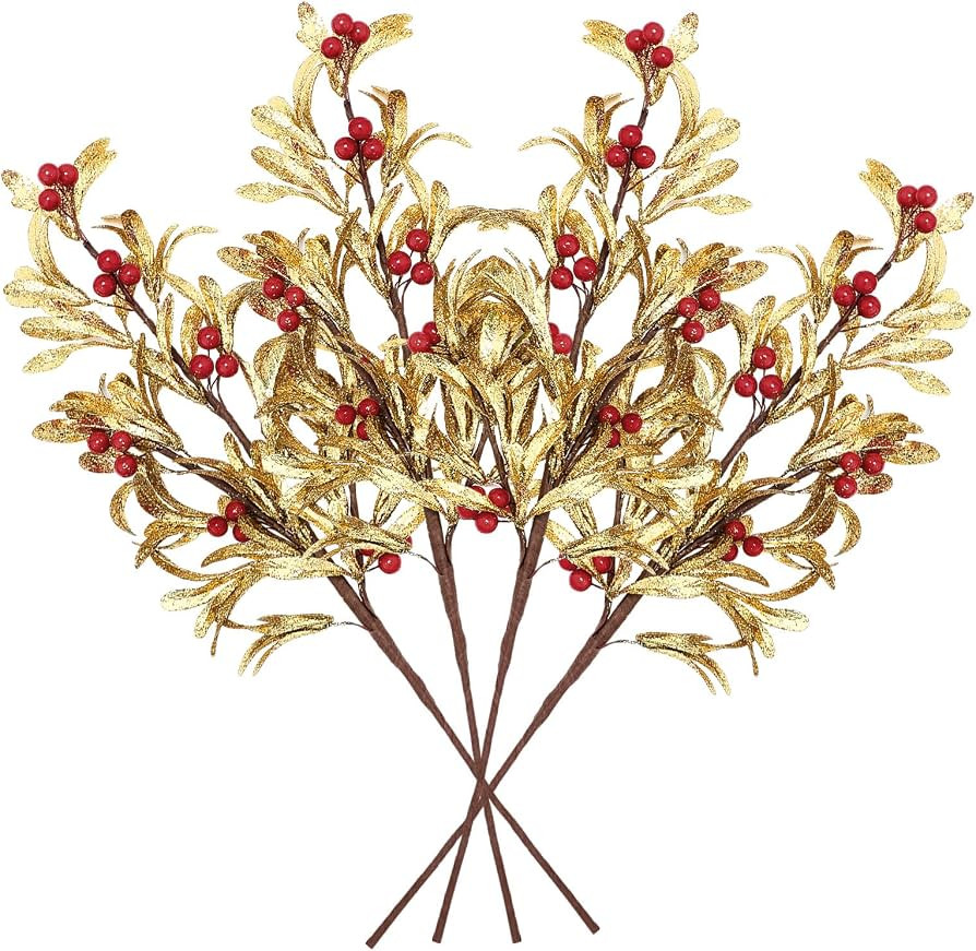 Janinka 4 Pcs Christmas Artificial Mistletoe Picks 23.6 Inch Xmas Fake Flowers with Red Berries G... | Amazon (US)