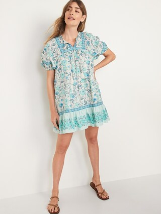 Puff-Sleeve Printed Mini Swing Dress for Women | Old Navy (US)